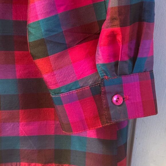 VTG Cactus Flower Sz L Womens Silk Blouse Shirt 3/4 Sleeve Pink/Teal/Black Check - Picture 7 of 9